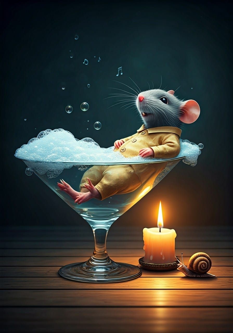 Golden Pajama Rat Basks in Serene Champagne Tub Scene