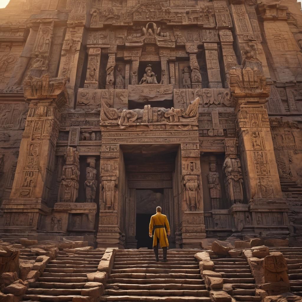 Captain Kirk on Ancient Temple Steps at Sunset