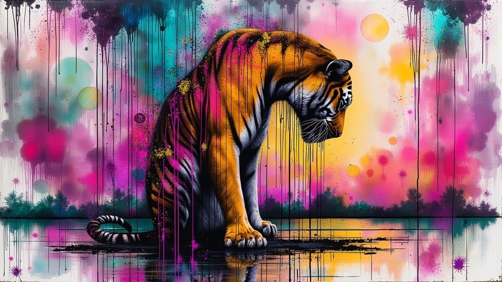 Abstract Tiger Emerges in Vibrant Watercolor Dance