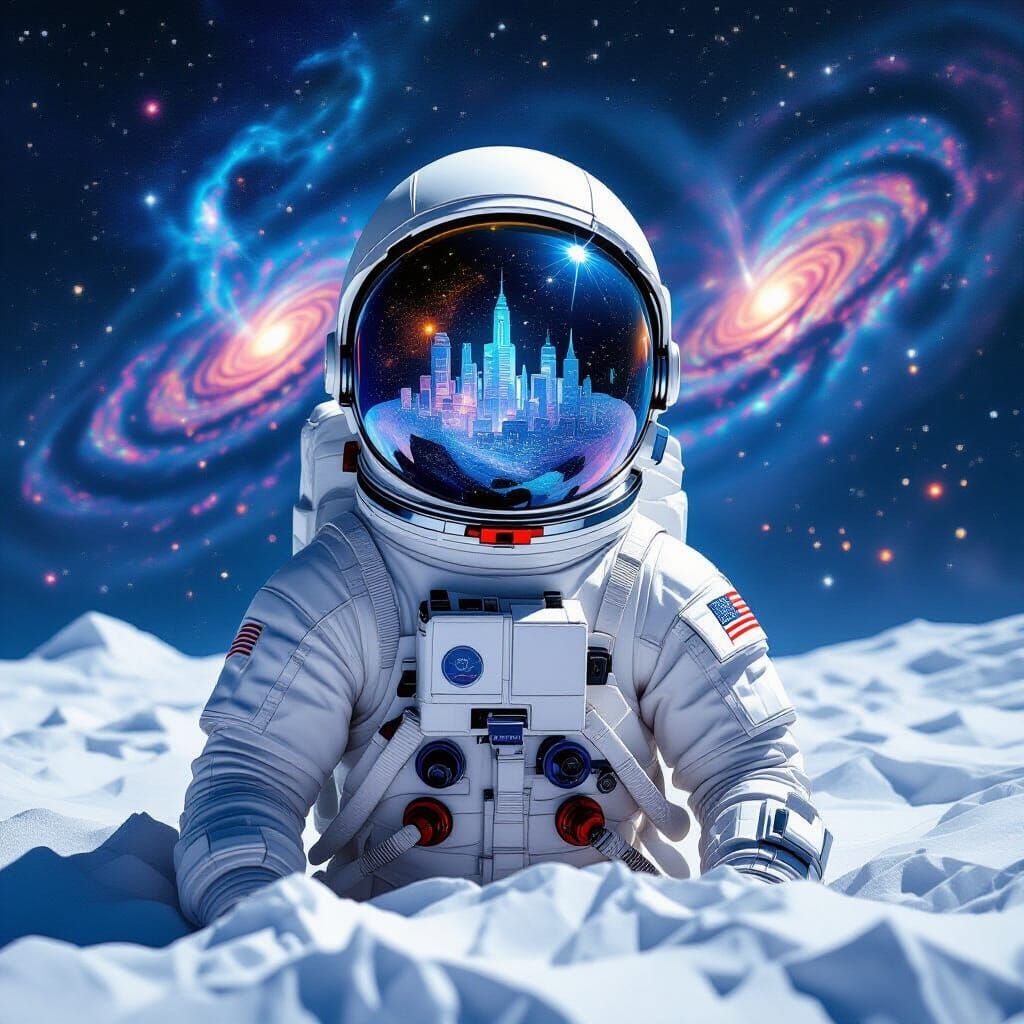 Astronaut Adrift in Cosmic Nebulae with Paper City Reflectio...