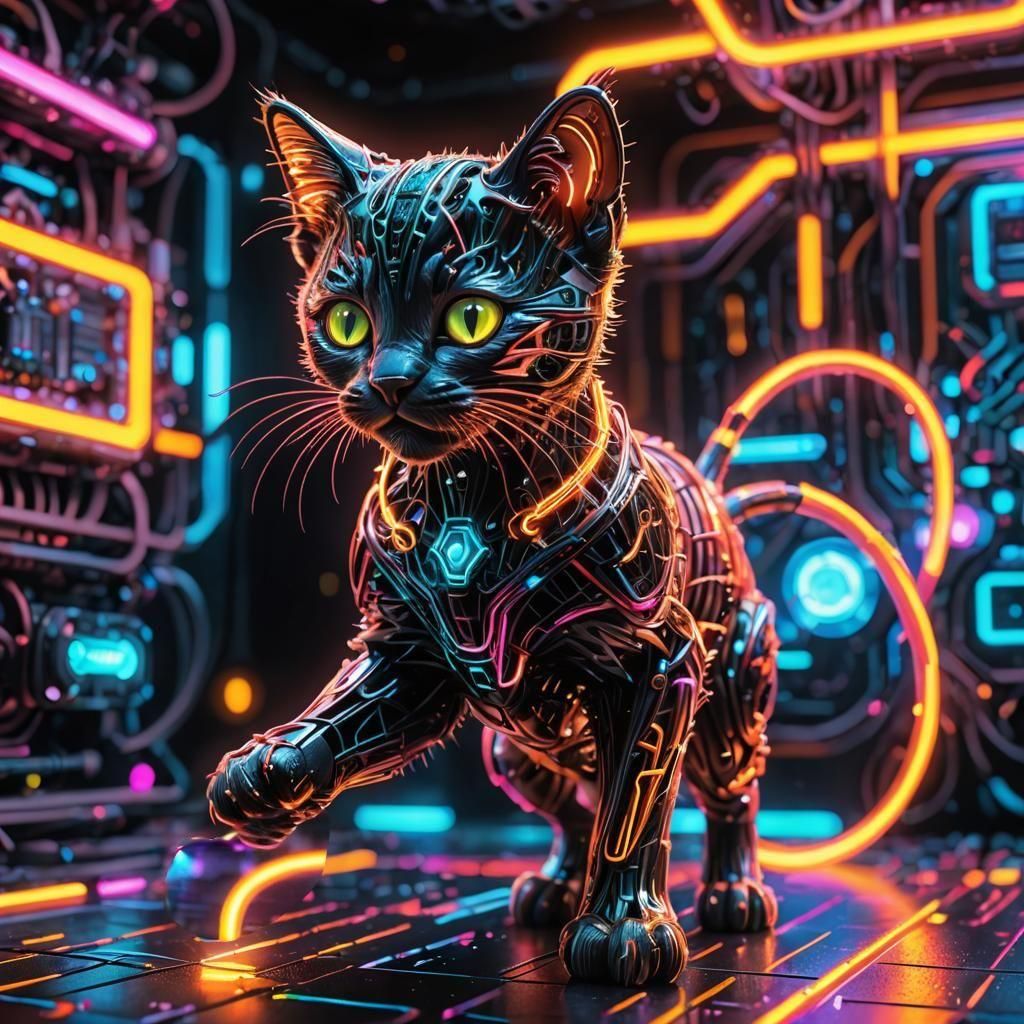 Glowing Neon Cybernetic Kitten in Retrofuturistic Sci-Fi