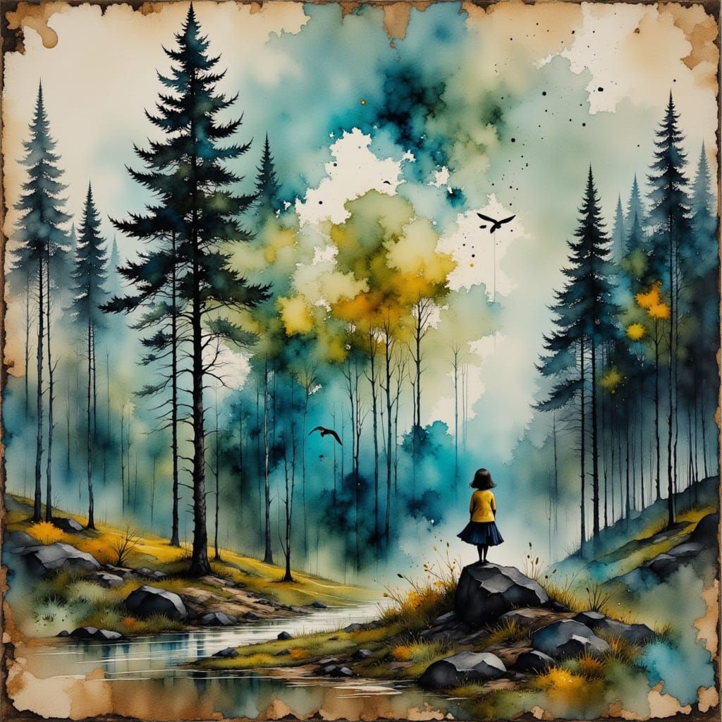 Vintage Rocker Girl in Glitched Forest Impasto Painting
