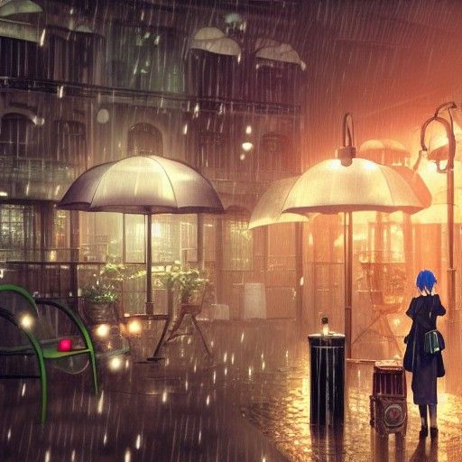 Rainy Steampunk Cafe in Anime Style