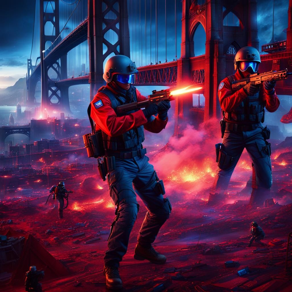 Fort Point Battle: Red vs Blue in Digital Art