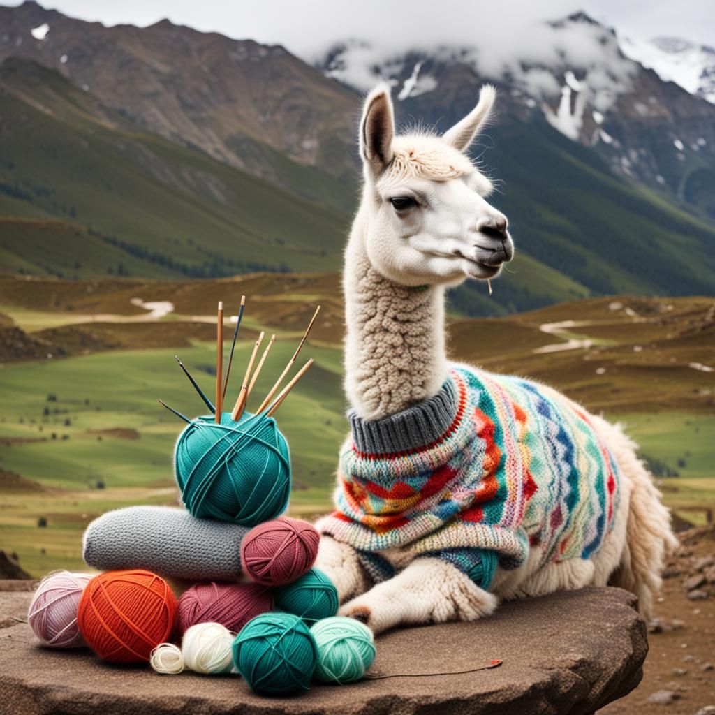 Llama Knitting a Sweater: An AI-Generated Image