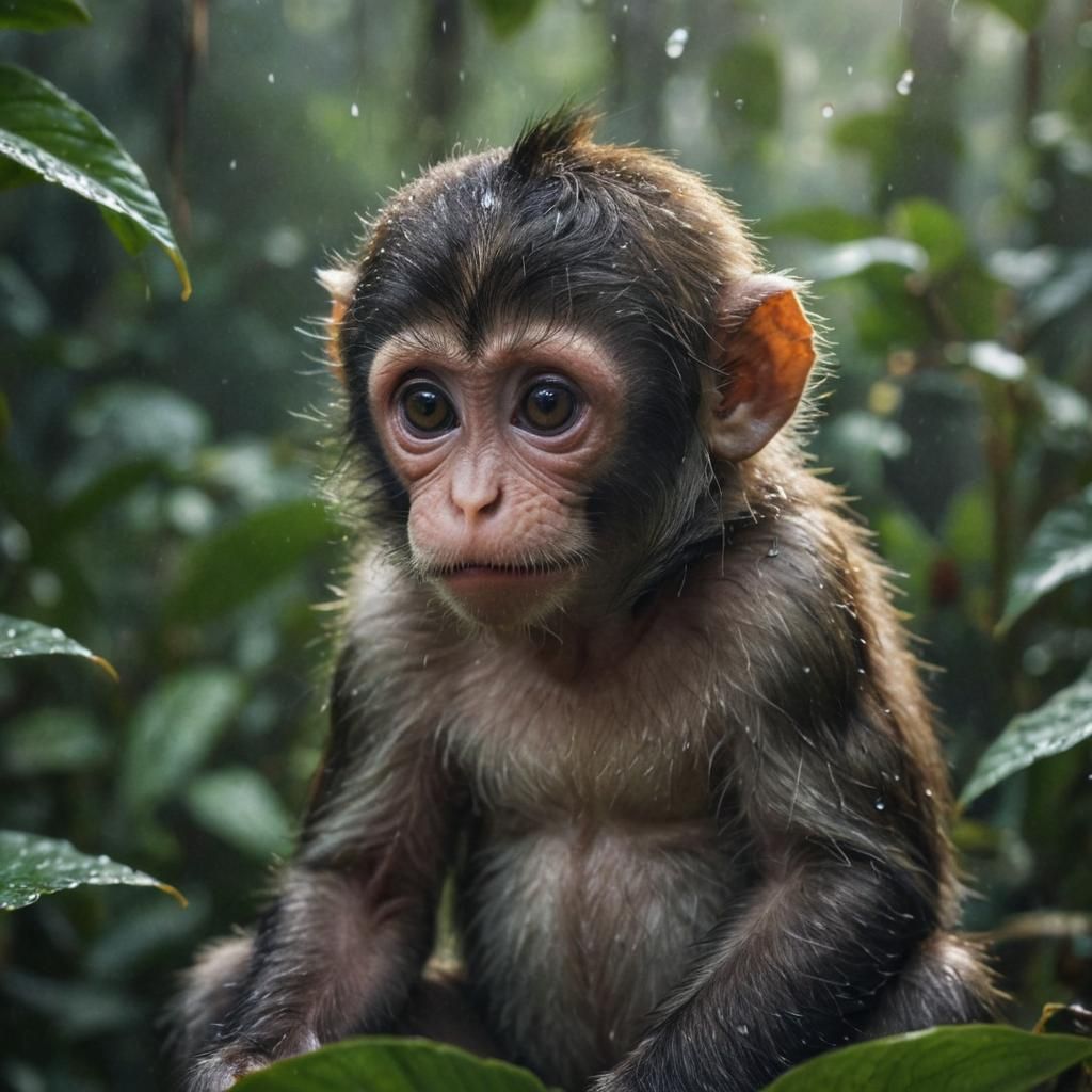 Baby Monkey Portrait in Misty Jungle, Hyper-Realistic Photog...