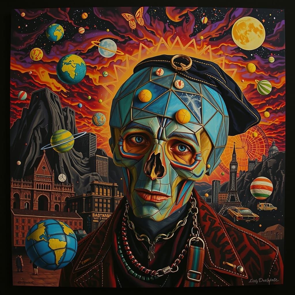 Neon Cityscape with Cosmic Patterns in Cloudy Sky