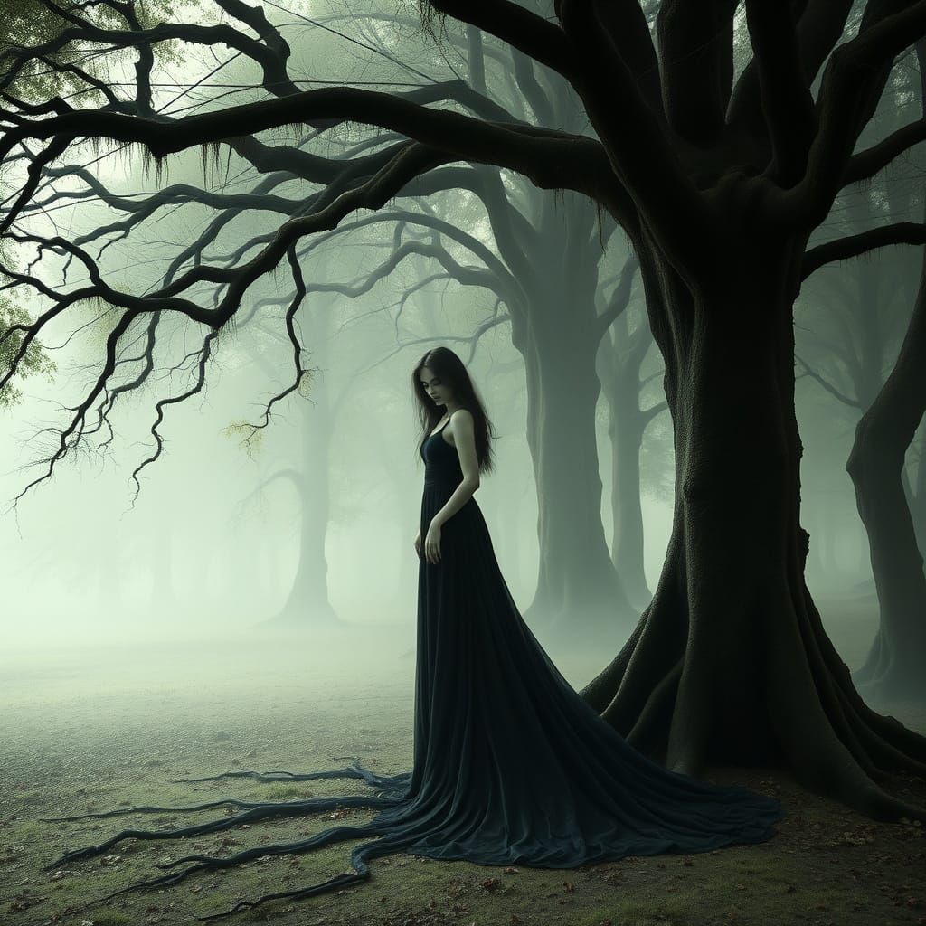 Ethereal Sorceress in a Haunting Gothic Landscape