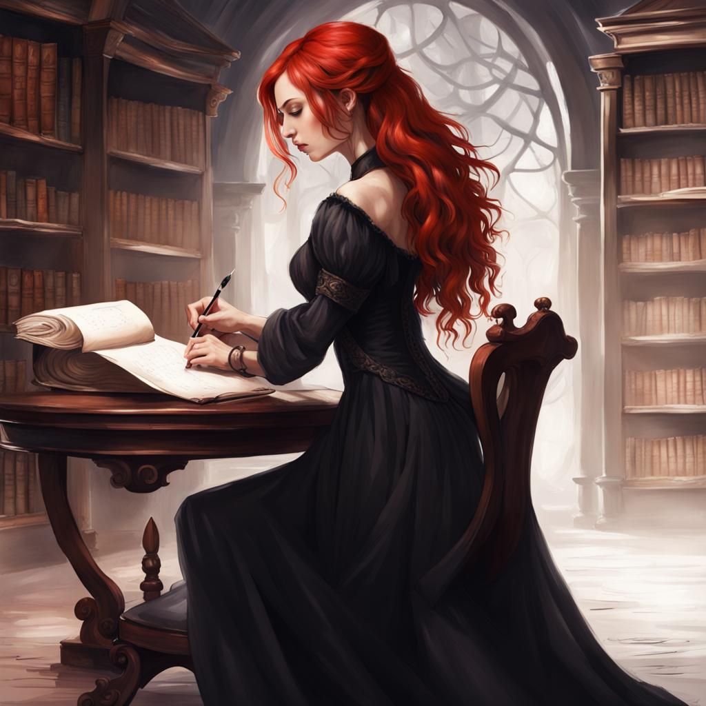 Dark Fantasy Library: Woman Writing on Scroll