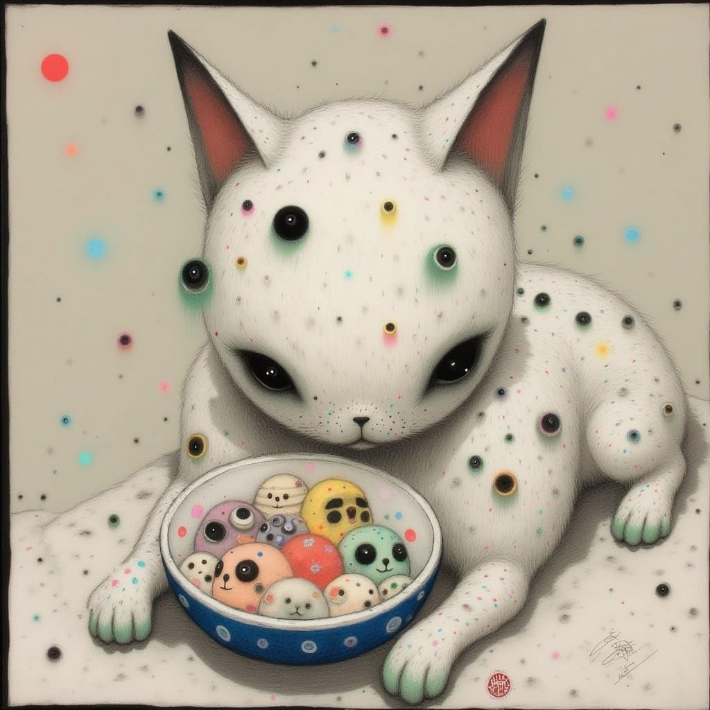Vibrant Cat Surrounded by Colored Mochi in Whimsical Still L...