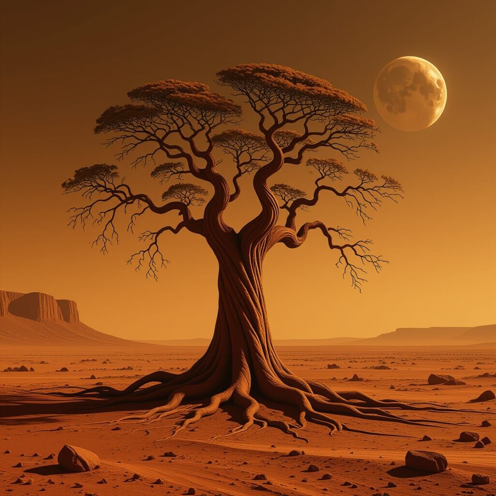 Ancient Tree on Mars in Dark Surrealist Style