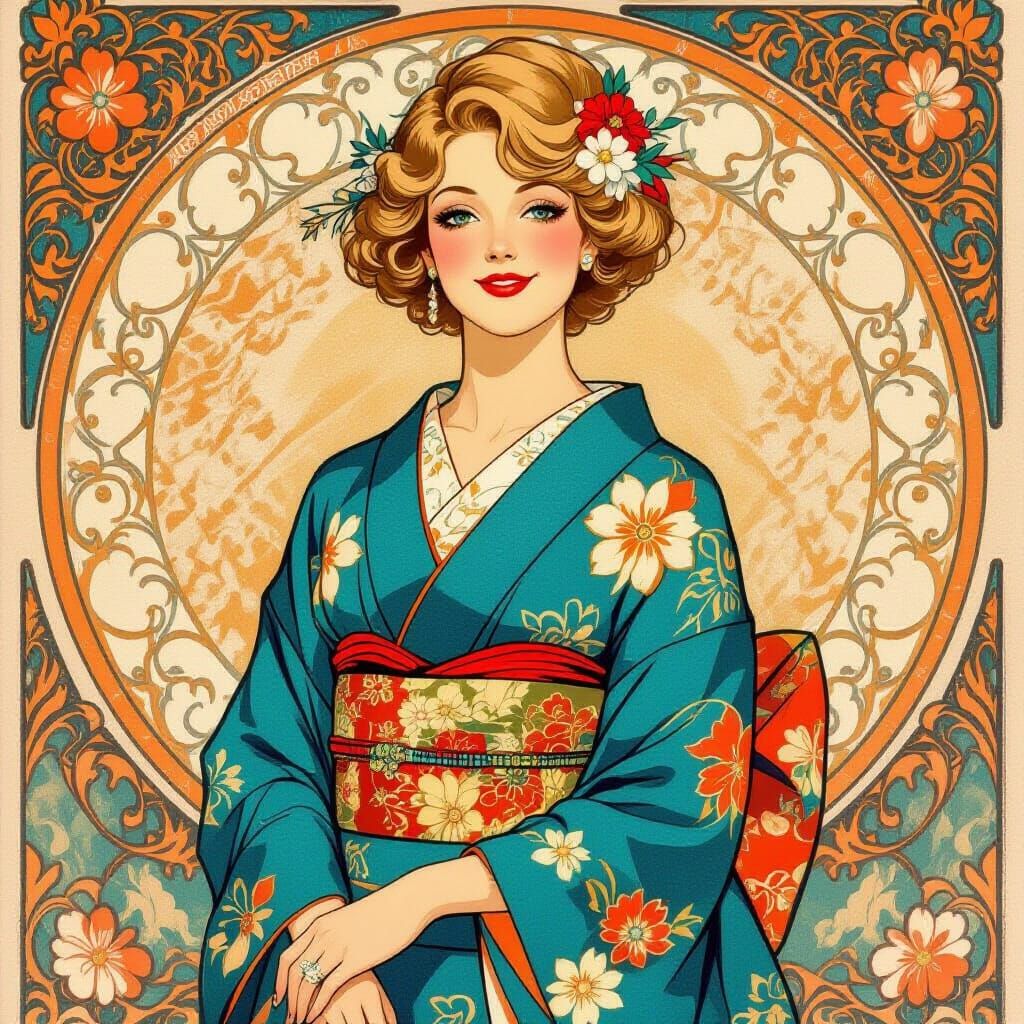 Elegant Woman in Ornate Kimono with Turquoise Jewelry