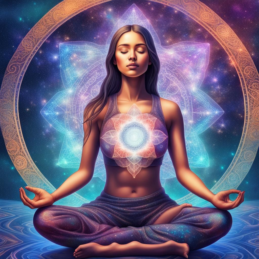 Meditating Woman in Holographic Astral Illustration