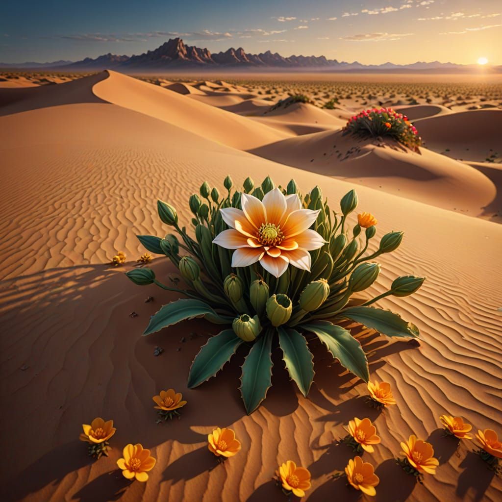 Surreal Flower Hops Across Desert Dunes at Golden Hour