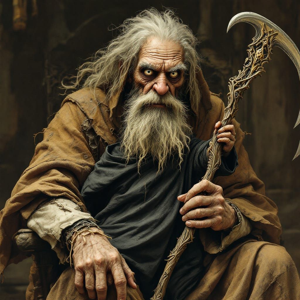 Ancient Man and Miniature Grim Reaper with Scythe