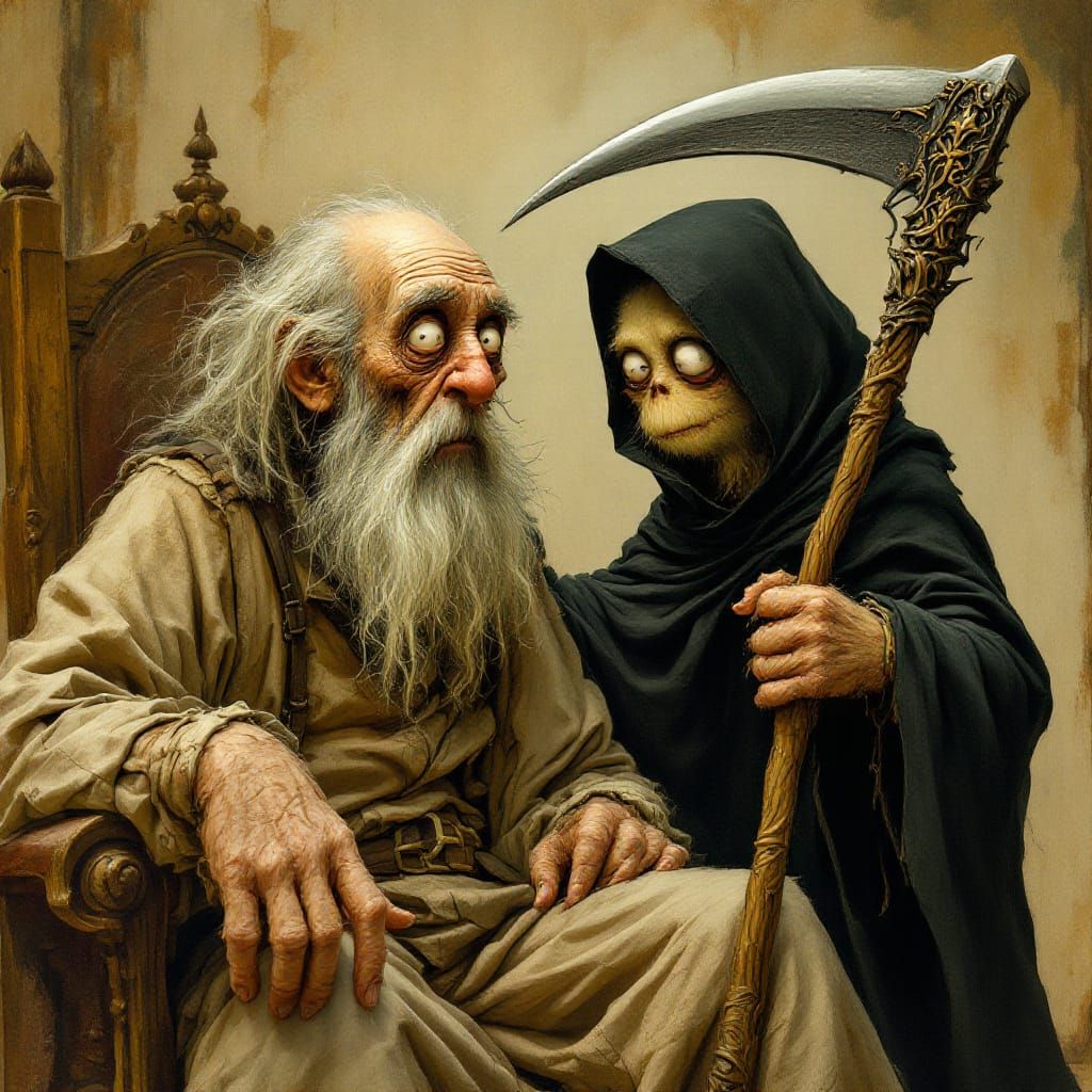 Whimsical Encounter: Ancient Man and Miniature Grim Reaper