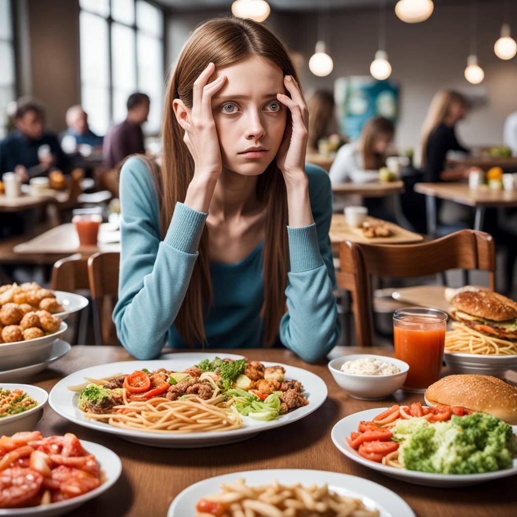 Sad Woman Before Abundant Food: Hyperrealistic