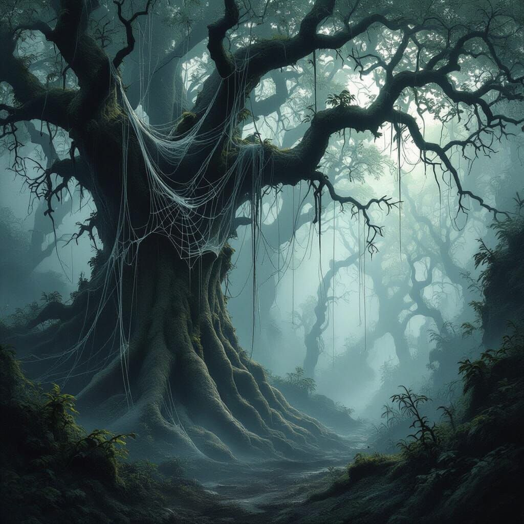 Ancient Misty Forest With Eerie Spider Webs