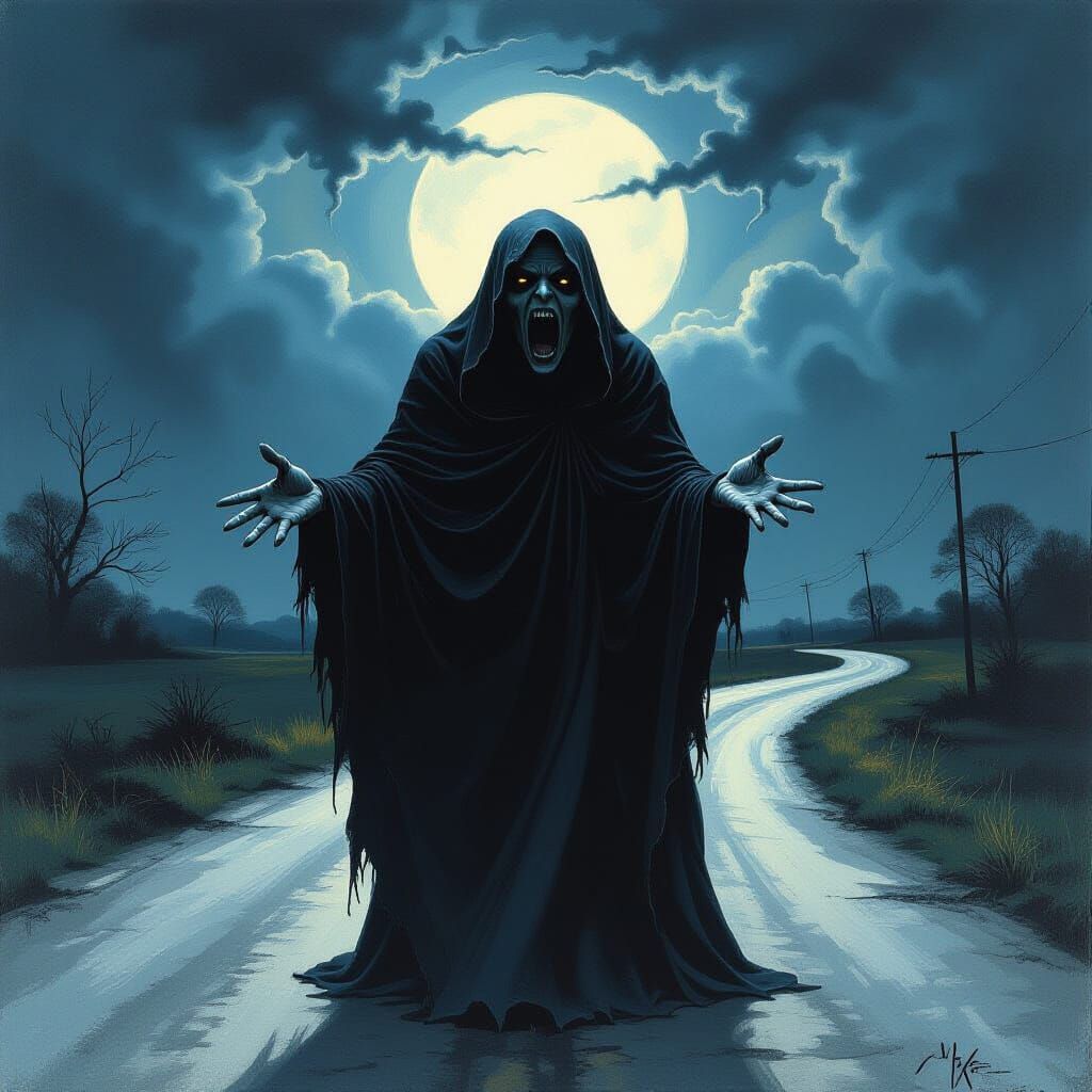 Terrifying Hag Screaming on Dark Road in Fantasy Art