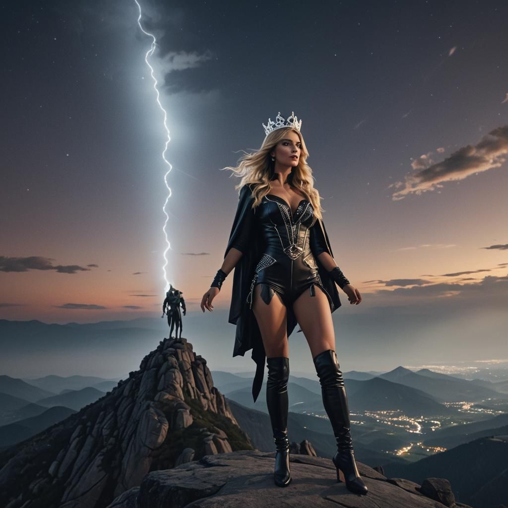 Giant Queen on Mountain Ridge in Moonlight