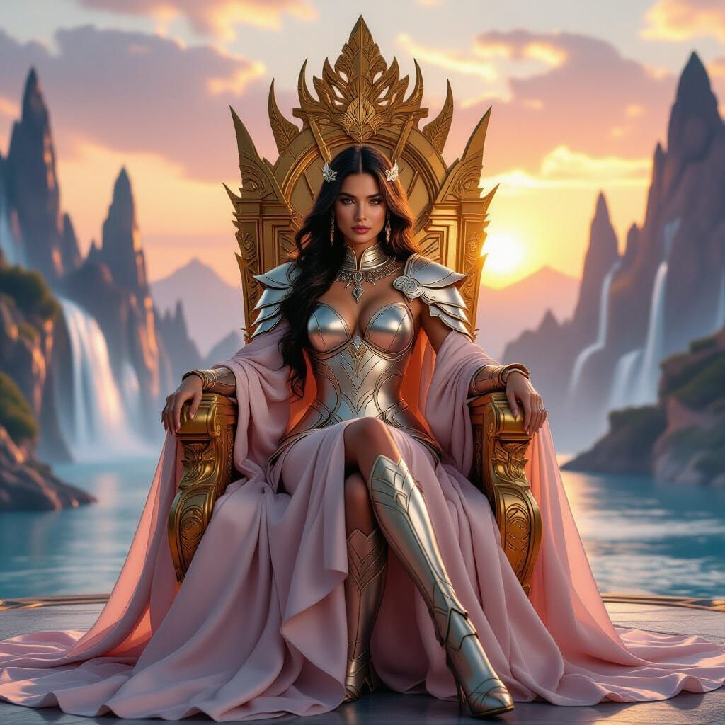 Futuristic Warrior Queen on Golden Throne