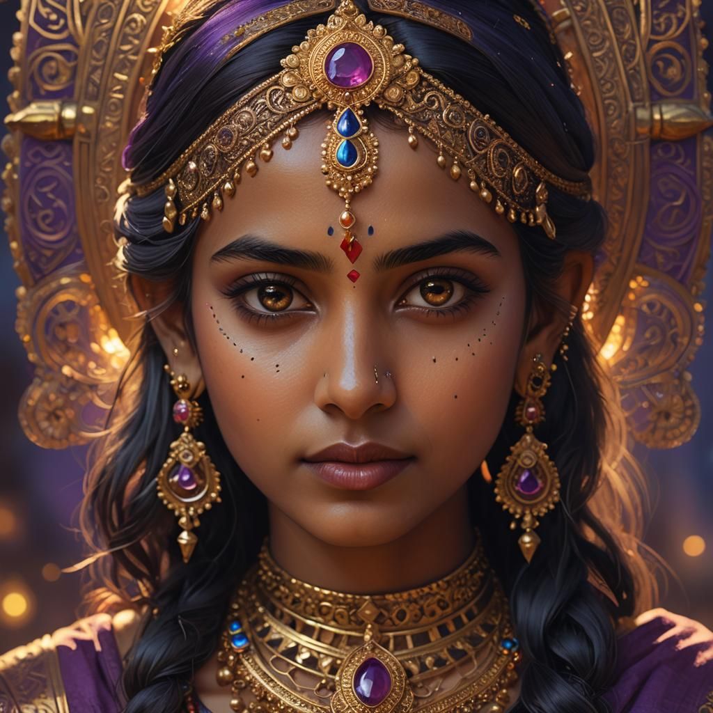 Indian Girl Portrait with Gemstone, Fantasy Art