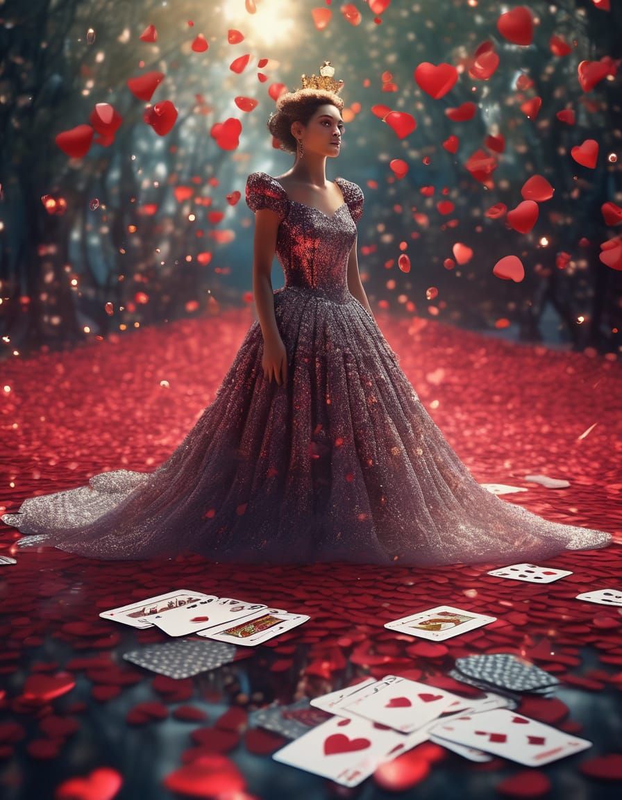 Queen of Hearts in Surreal Wonderland Landscape