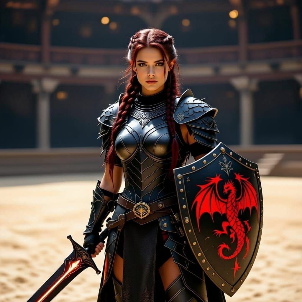 Dragon Scale Warrior Woman with Glowing Sword in Arena
