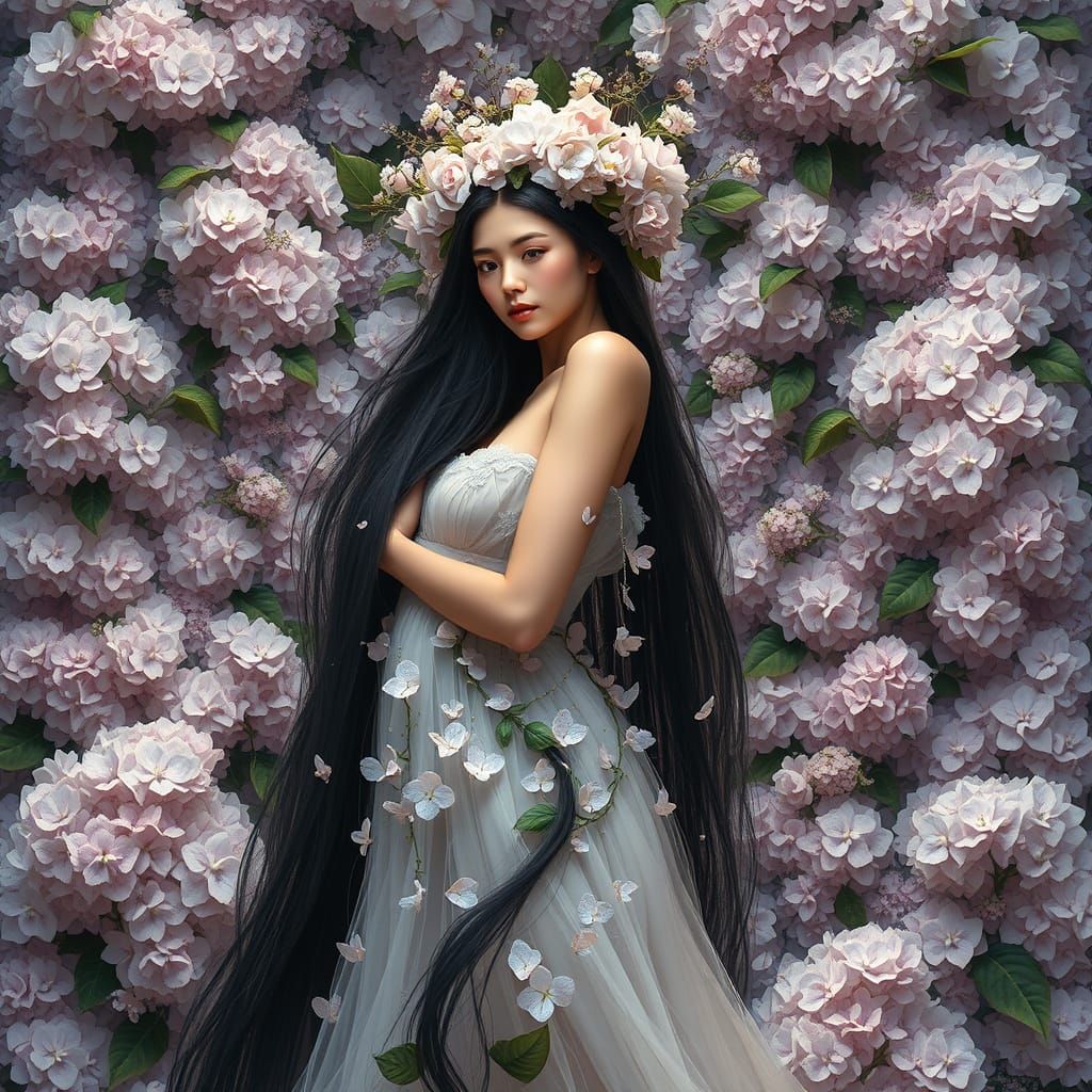 Ethereal Maiden Enveloped in Hydrangea Blooms