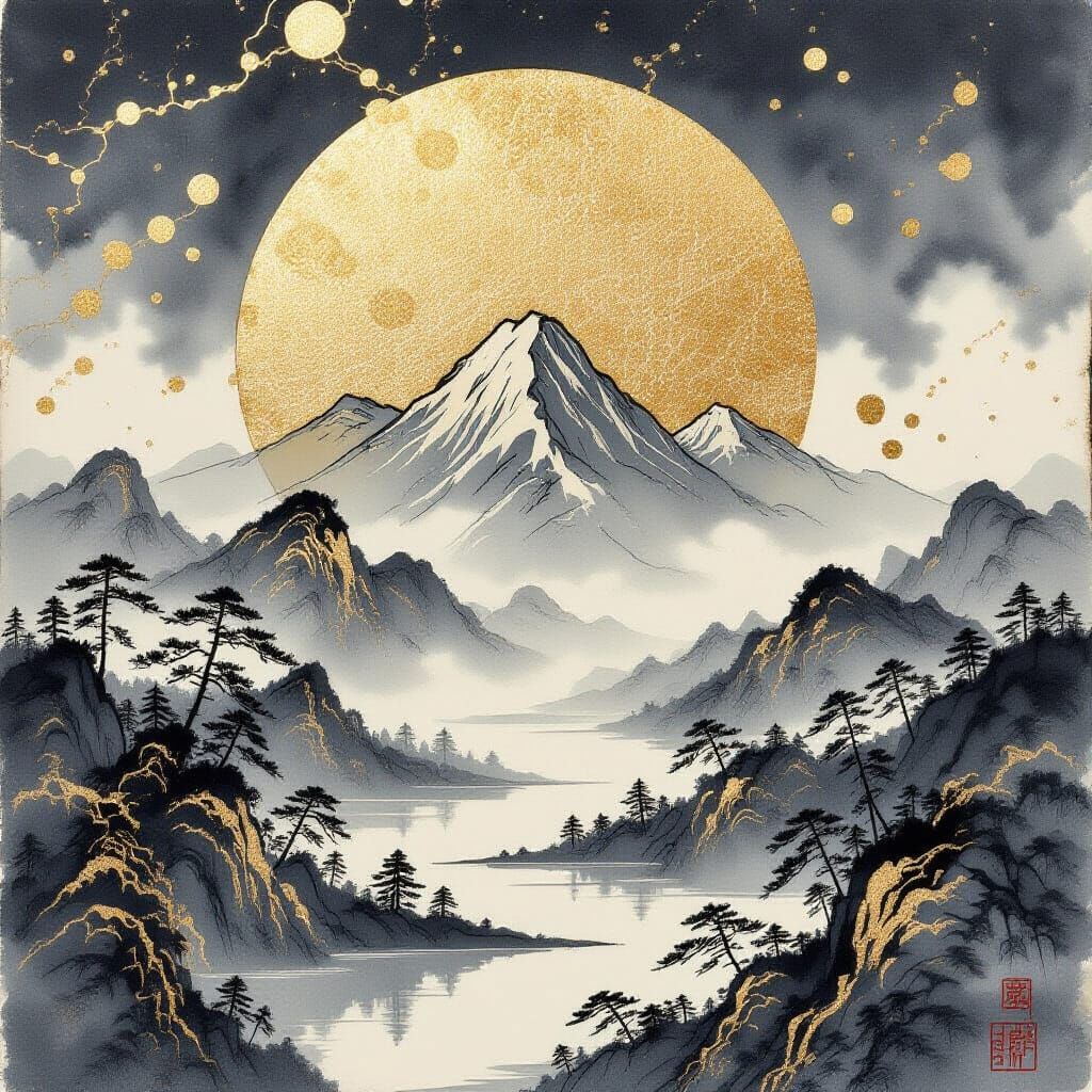 Kintsugi Ink Wash Landscape with Gold Craquelure