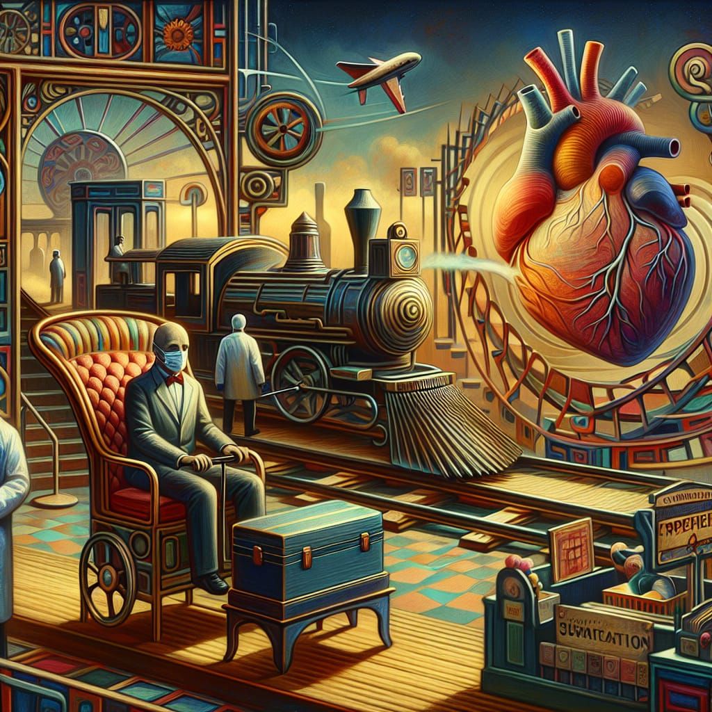 Intricate Steampunk Funeral Parlor Scene in Oil Painting Sty...