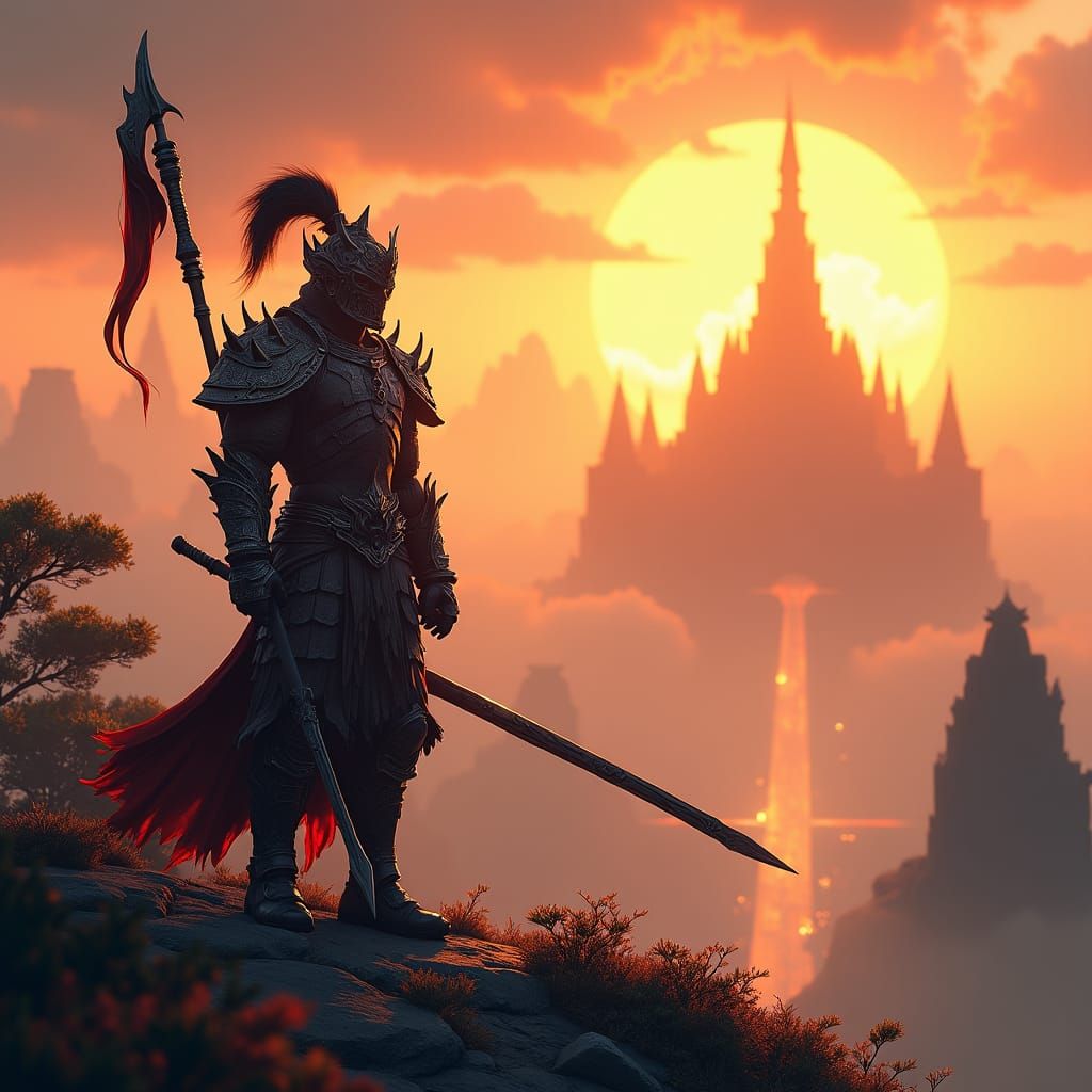 Armored Warrior Overlooking Mystical Landscape
