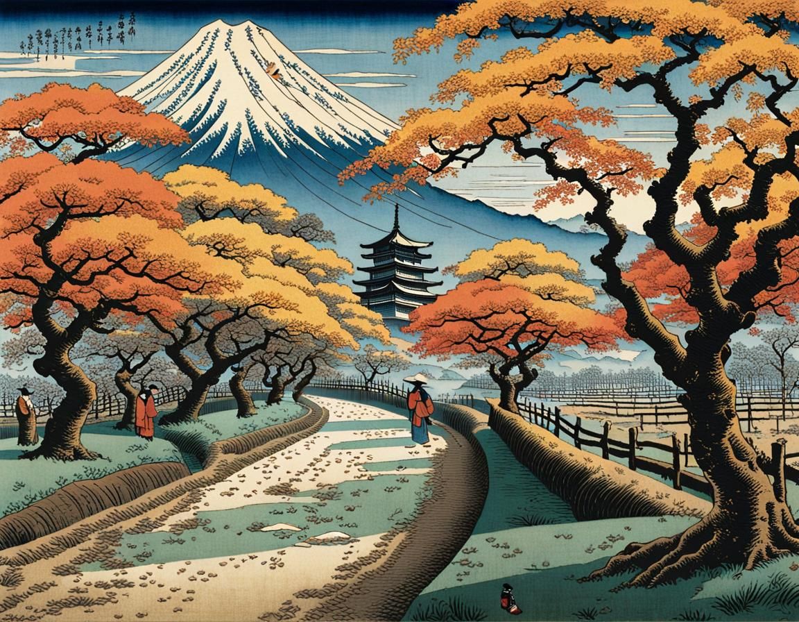 Orchard in Autumn Morning: Ukiyo-e Style Landscape