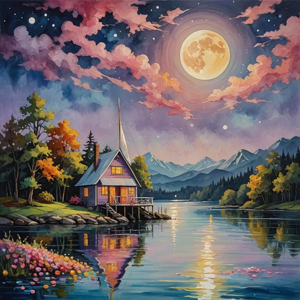 Lake Boathouse with Moon in Impasto Acrylic Style