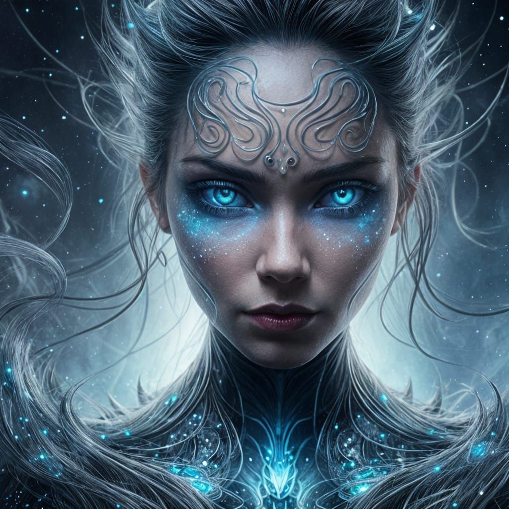 <lora:Omnious SD15:1.0> Art Nouveau. Portrait. A woman with flowing hair made of starlight fishes in a cosmic ocean, cas...