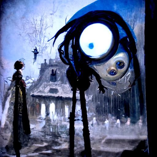 Dark Coraline Illustration in Gothic Horror Style
