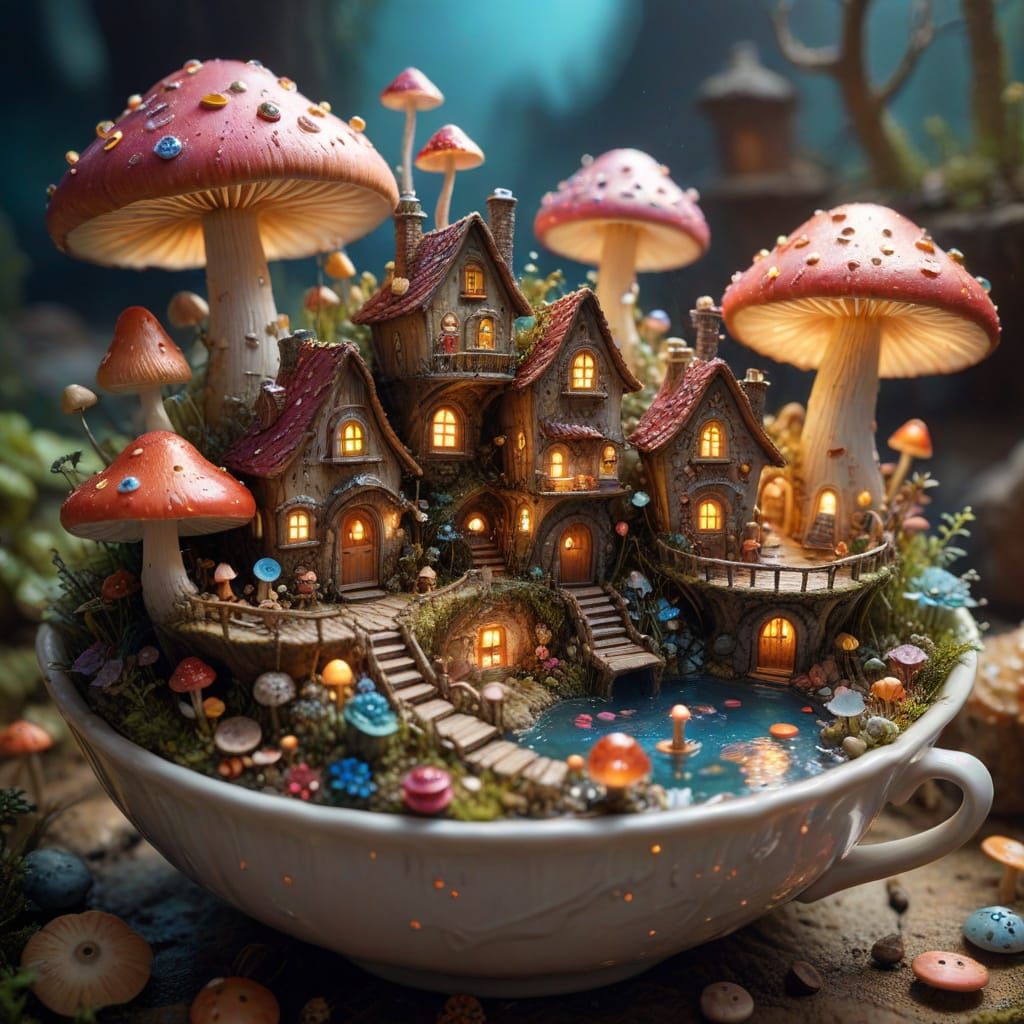 Enchanted Miniature Village Inside a Mushroom, Fantasy Art