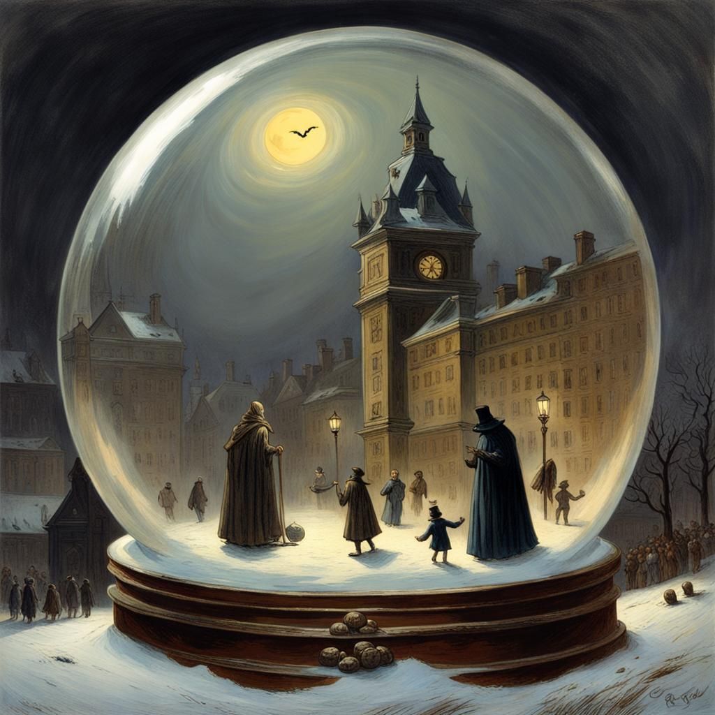 Halloween Snow Globe in Gustave Doré Style