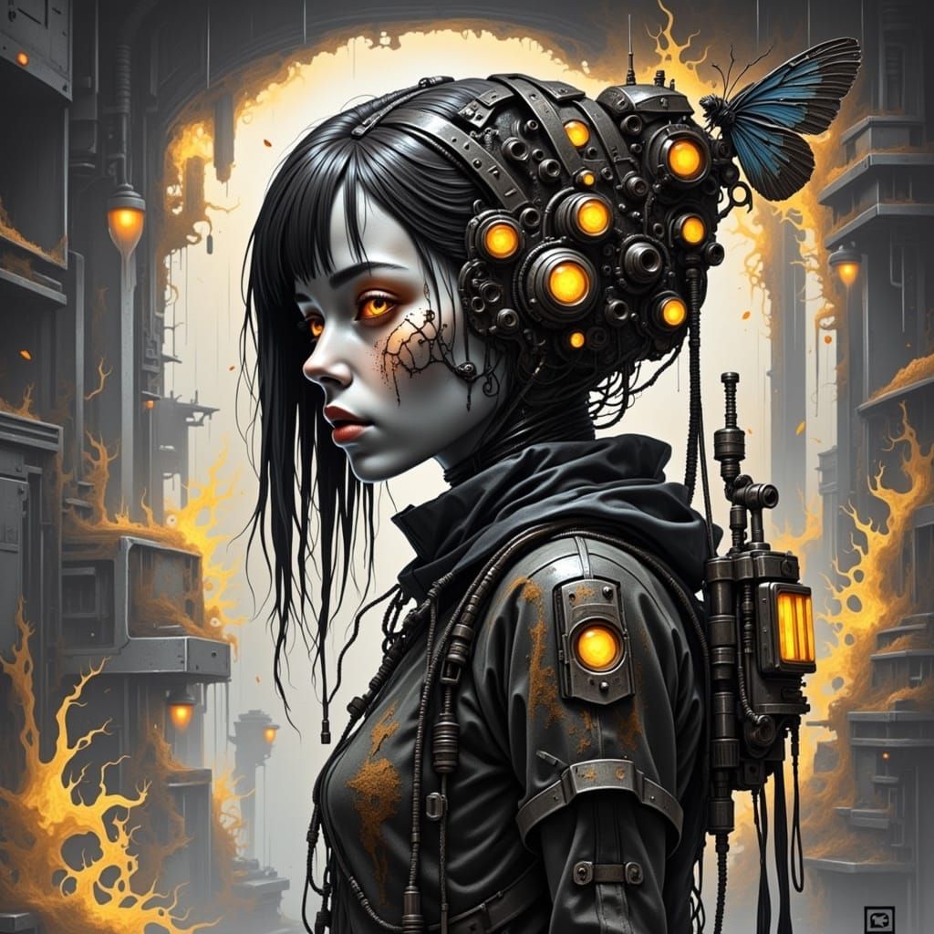 Cyberpunk Girl with Beehive Theme in Charcoal Style