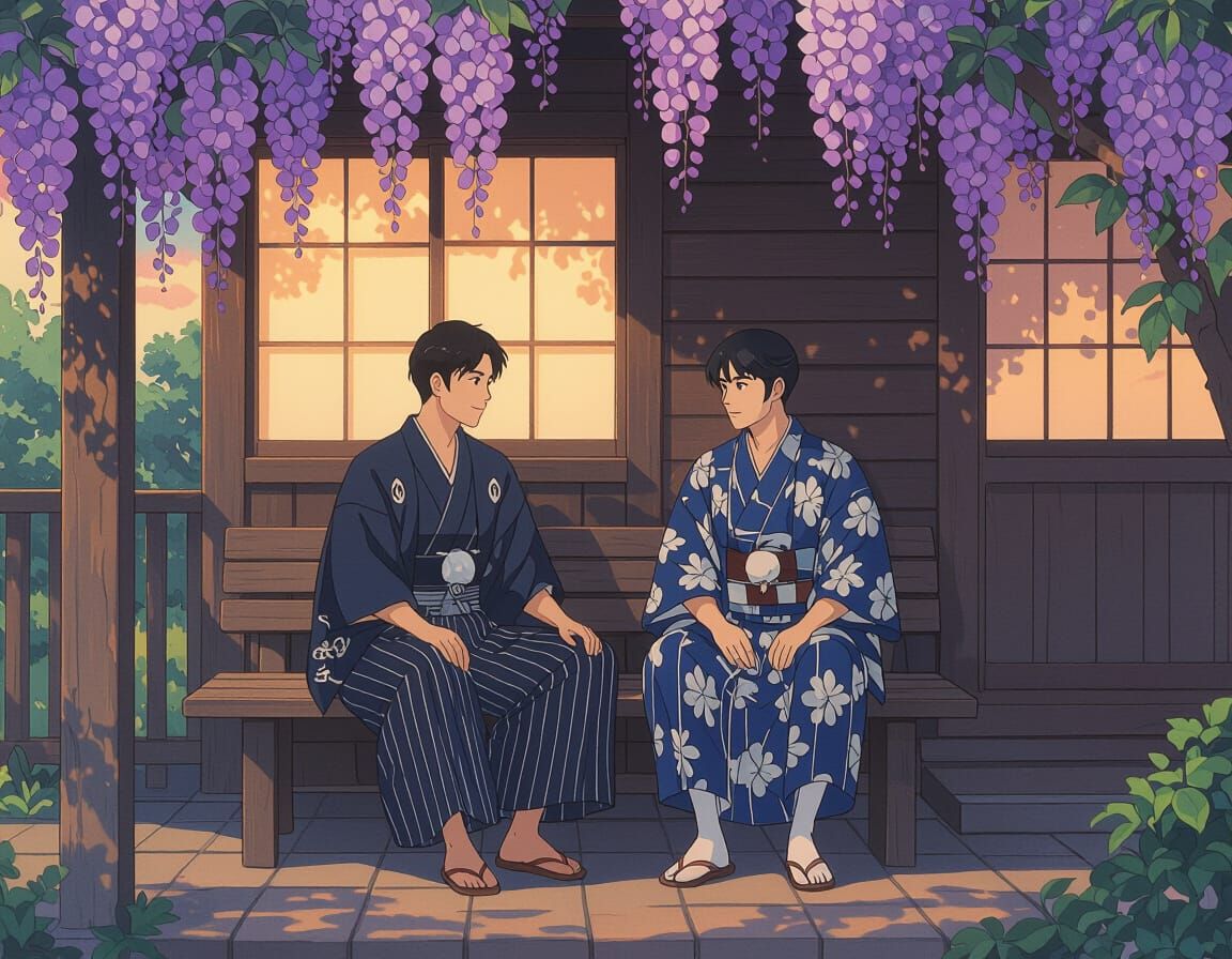 Gay Couple in Traditional Japanese Attire Amidst Wisteria