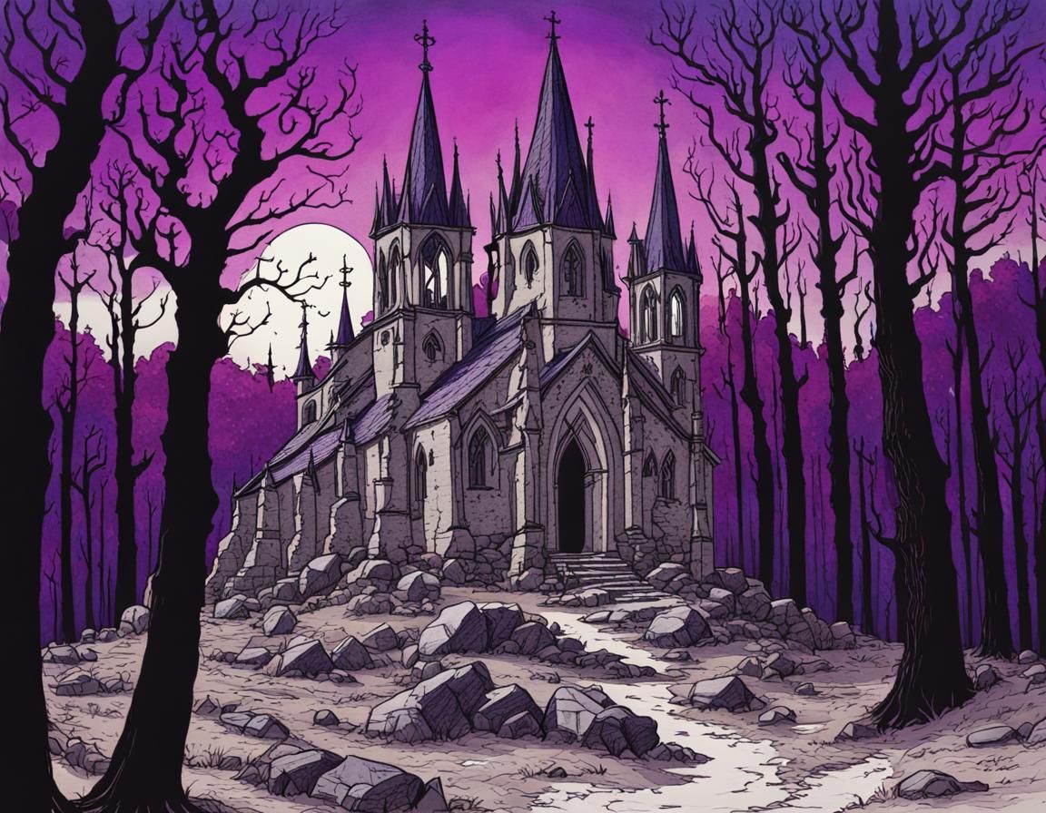 Eerie Gothic Chapel Ruins in Bewitched Forest