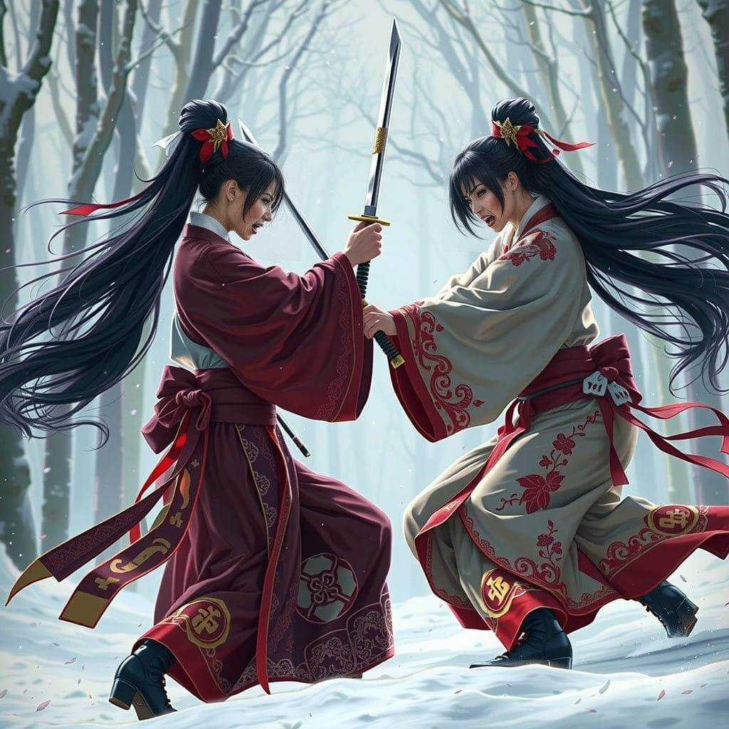 Fantasy Samurai Women Engage in Epic Battle in Winter Forest