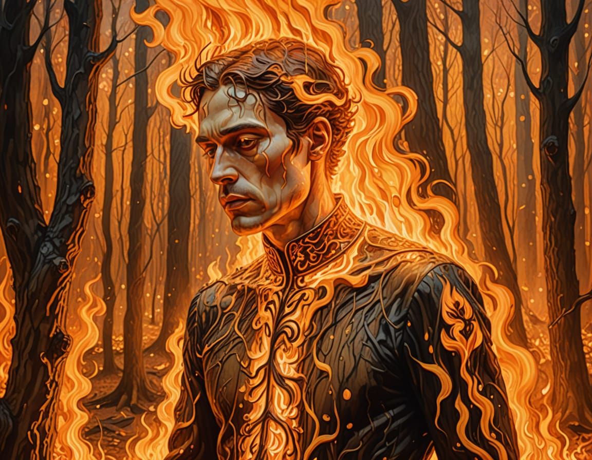 Golden Hour Inferno in the Woods, Gustav Klimt Inspired