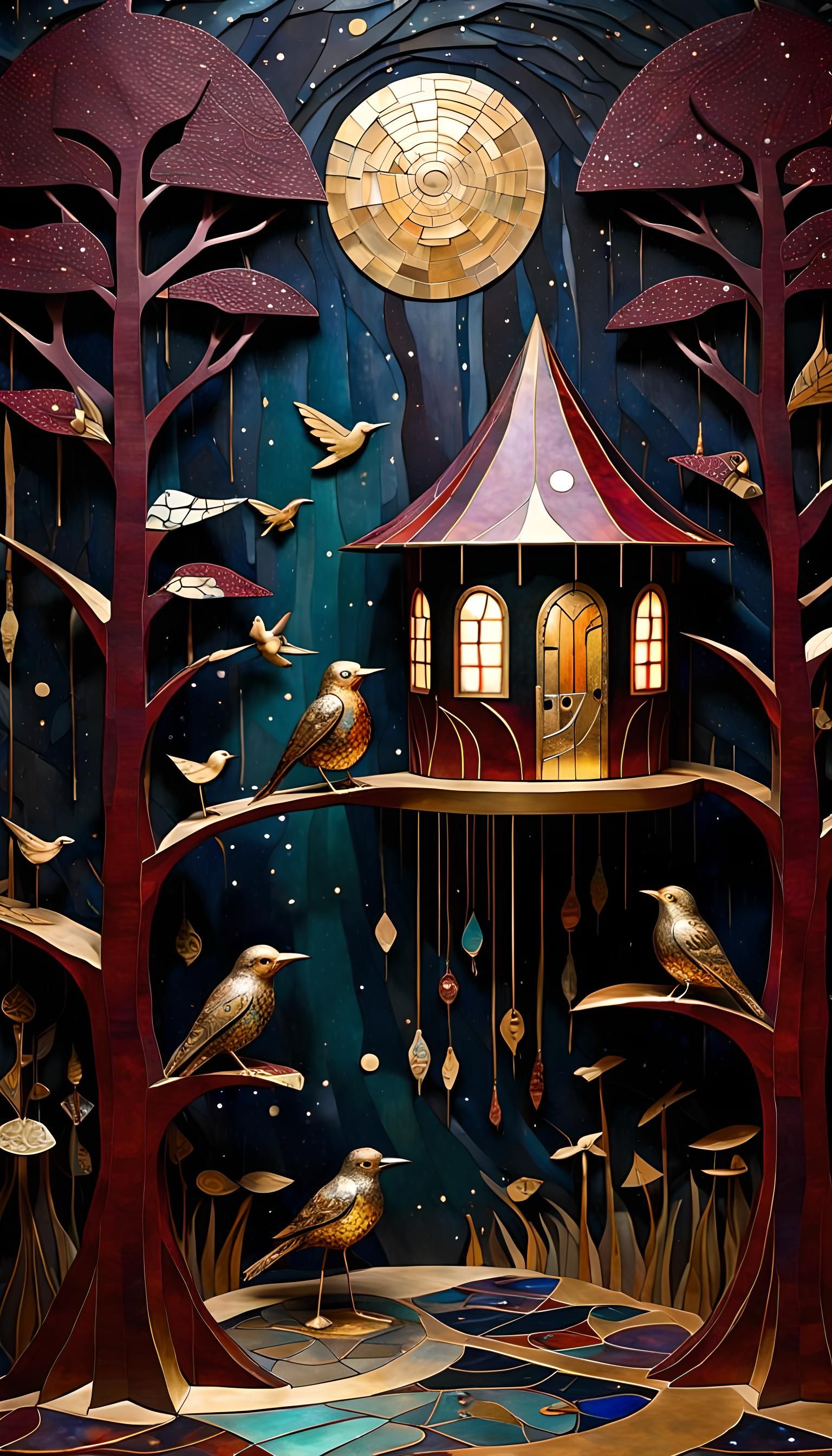 Galactic Treehouse Dream in Art Nouveau Style