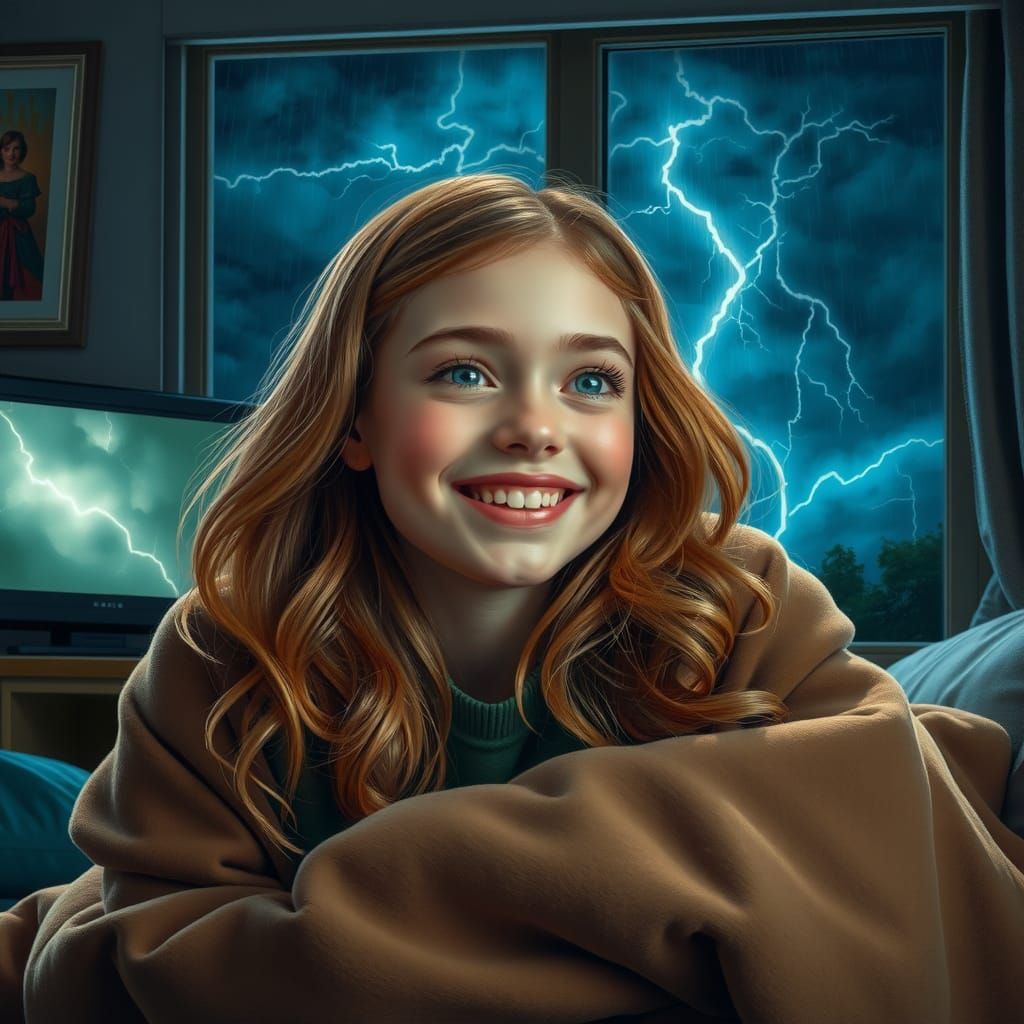 Cozy Woman Amidst Storm, Impressionist Oil Painting