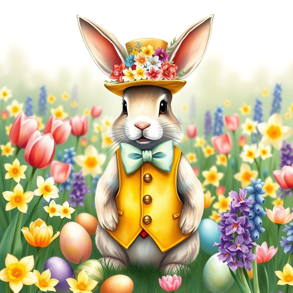Whimsical Easter Bunny in Vibrant Floral Wonderland