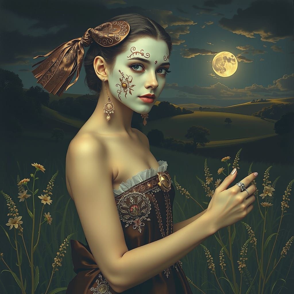 Elegantly Dressed Figure in French Countryside, Rococo Style