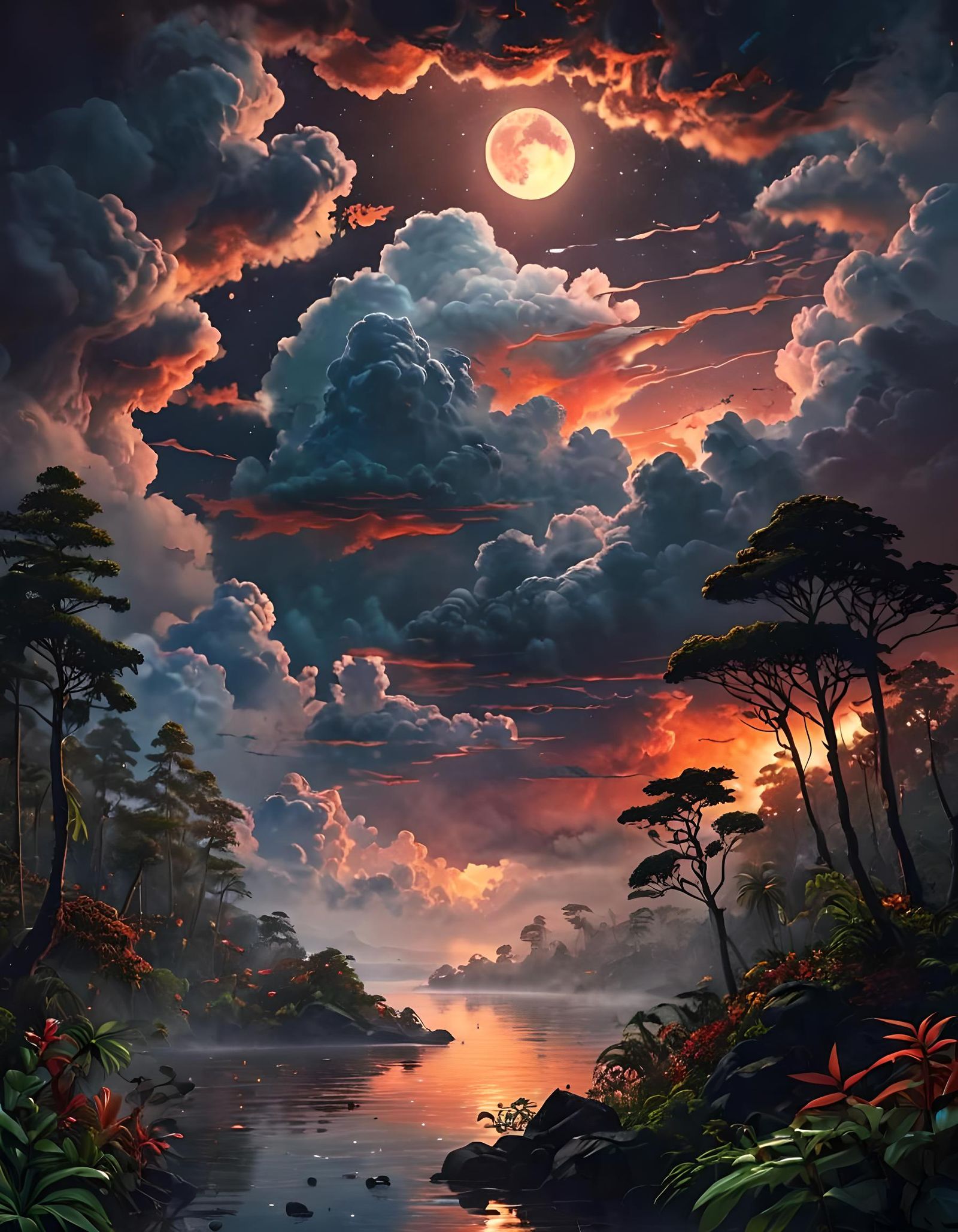 Rainforest Sunset with Blood Moon, Watercolor Style