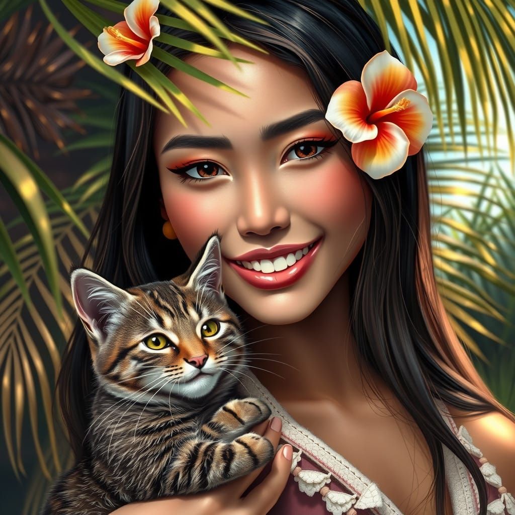 Polynesian Woman with Tropical Island Cat