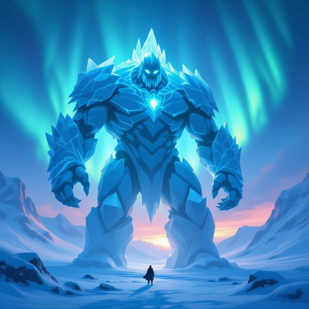 Colossal Ice Golem in Frozen Tundra Fantasy Art
